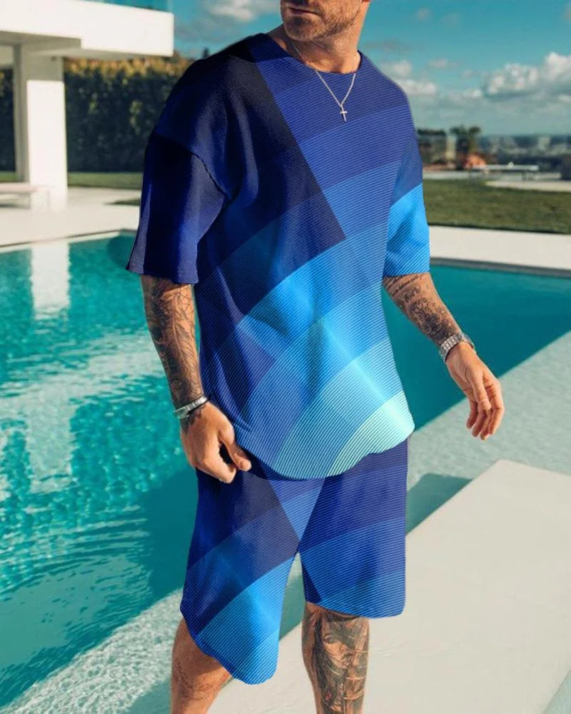 Men's Holiday Vintage Blue Geometry Pattern Print Shorts Suit