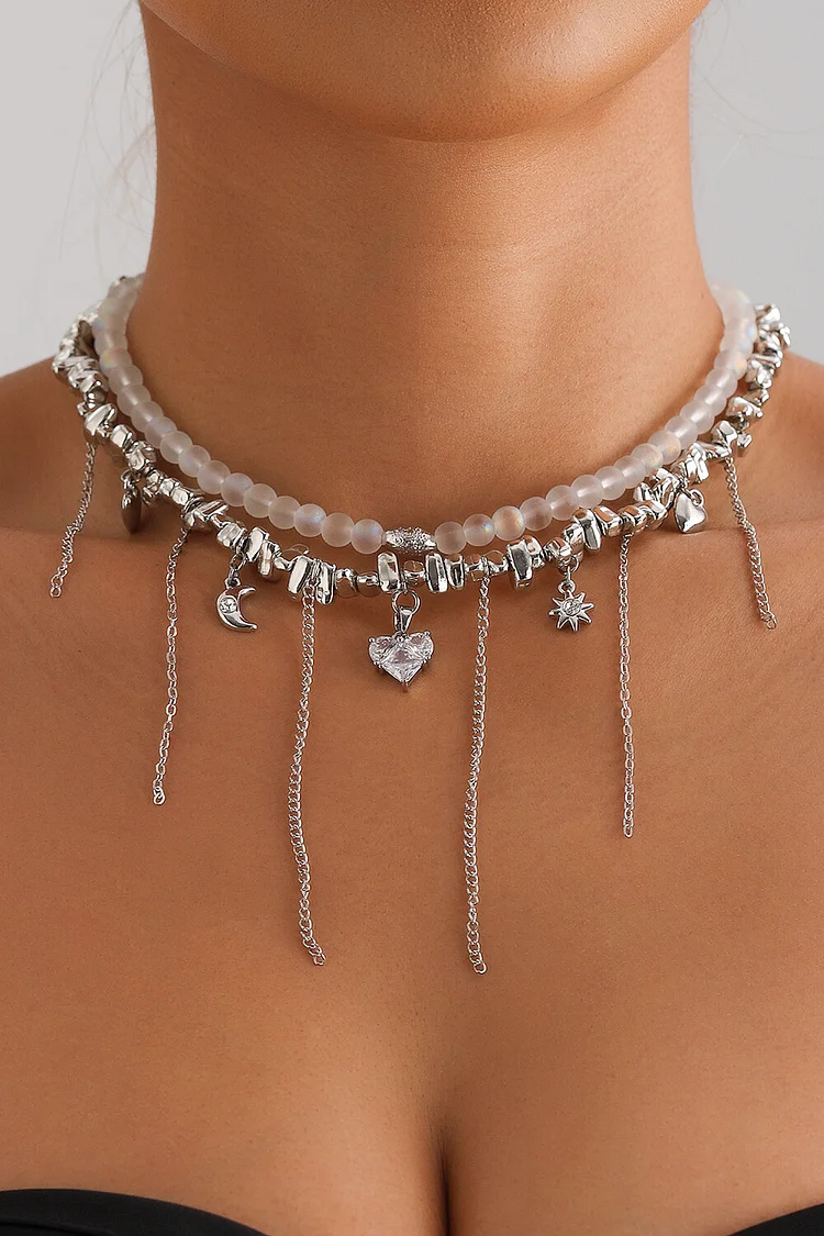 Heart Star Moon Chains Pendants Beaded Two-Layered Necklace