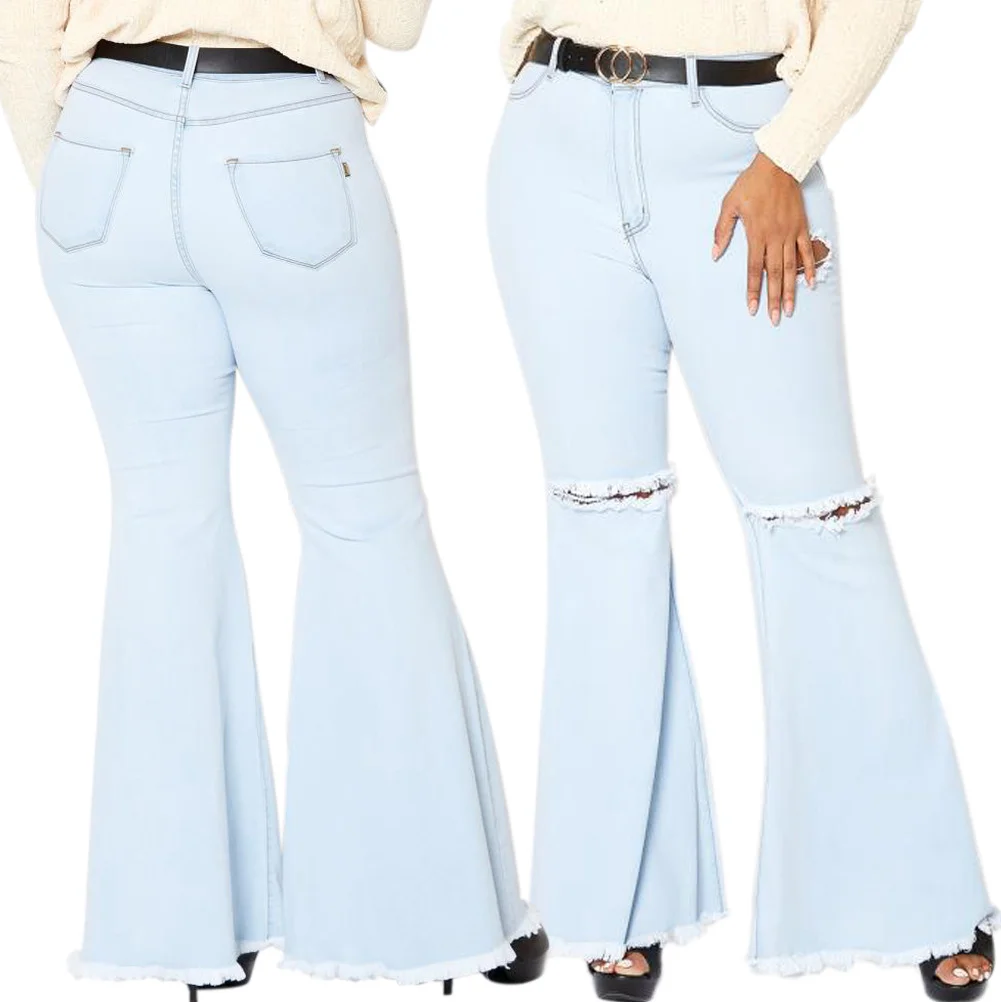 Women's Plus Size Ripped Denim Jeans Little Flared Jean Pants