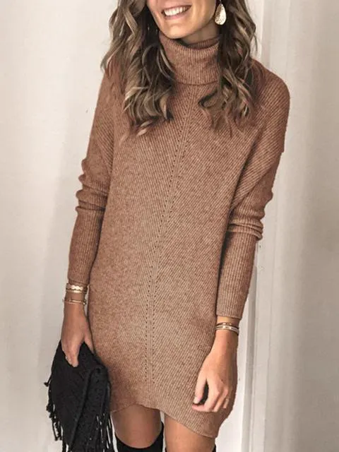 Solid Cable-knit Turtleneck Sweater Dress