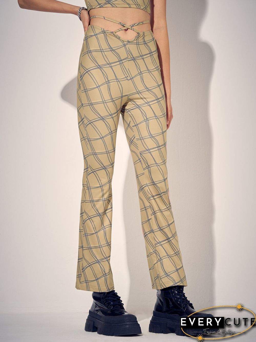 Check Print Tie Waist Hollow Bootcut Leg Pants