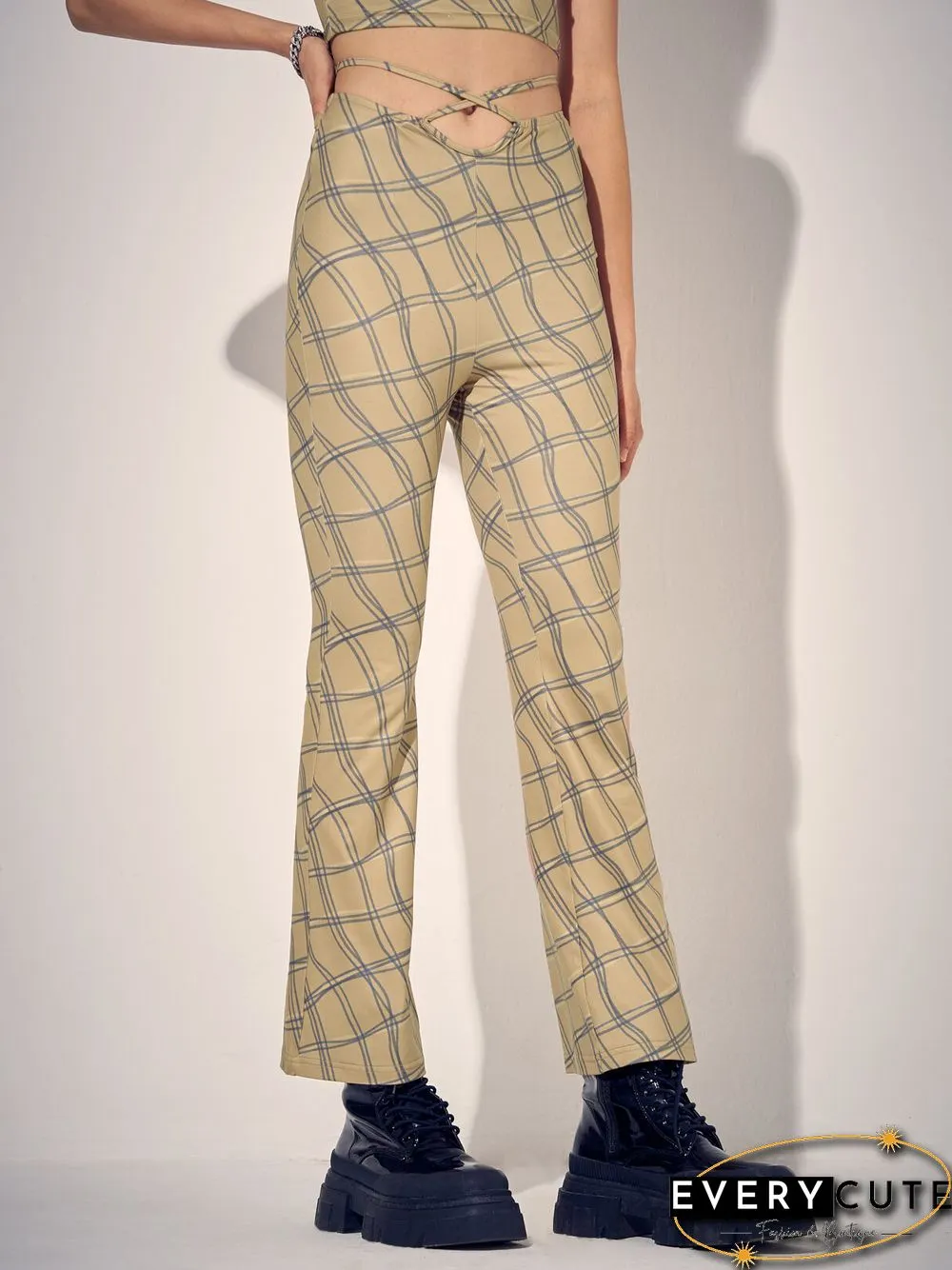 Check Print Tie Waist Hollow Bootcut Leg Pants