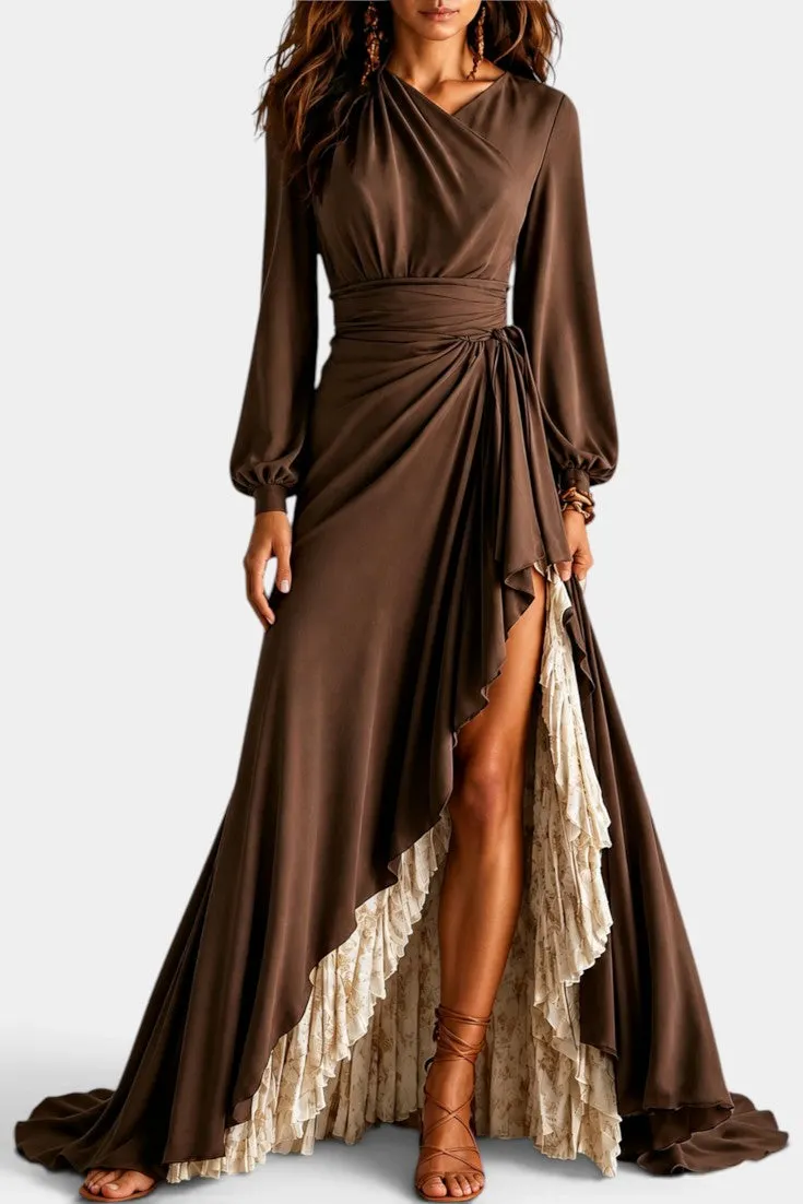 Asymmetric Maxi Dress with High Slit and Ruffled Layer