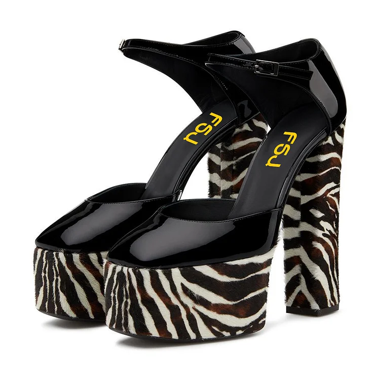 Black Animal Print Square Toe Patent Leather Chunky Heel Sandals |FSJ Shoes