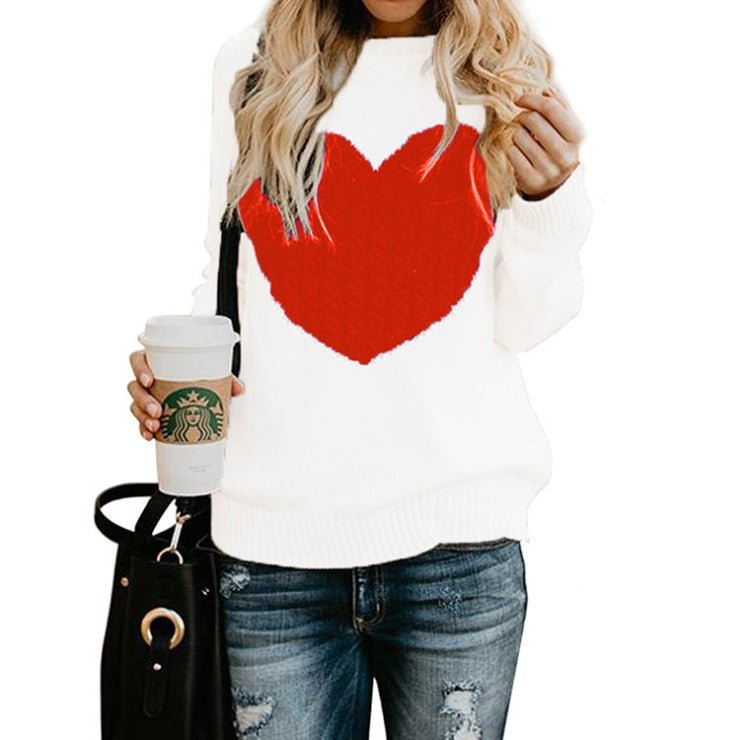 Women's Knitwear Fashion Round Neck Long Sleeve Pullover Peach Heart Pattern Sweater