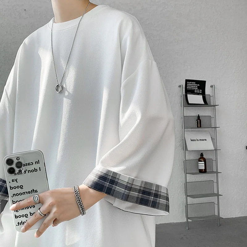 Inongge Spring Summer Men's T-shirts Women Oversized 2XL Korean Style Loose Plaid T-shirt Casual Seven sleeves T-Shirt Male White