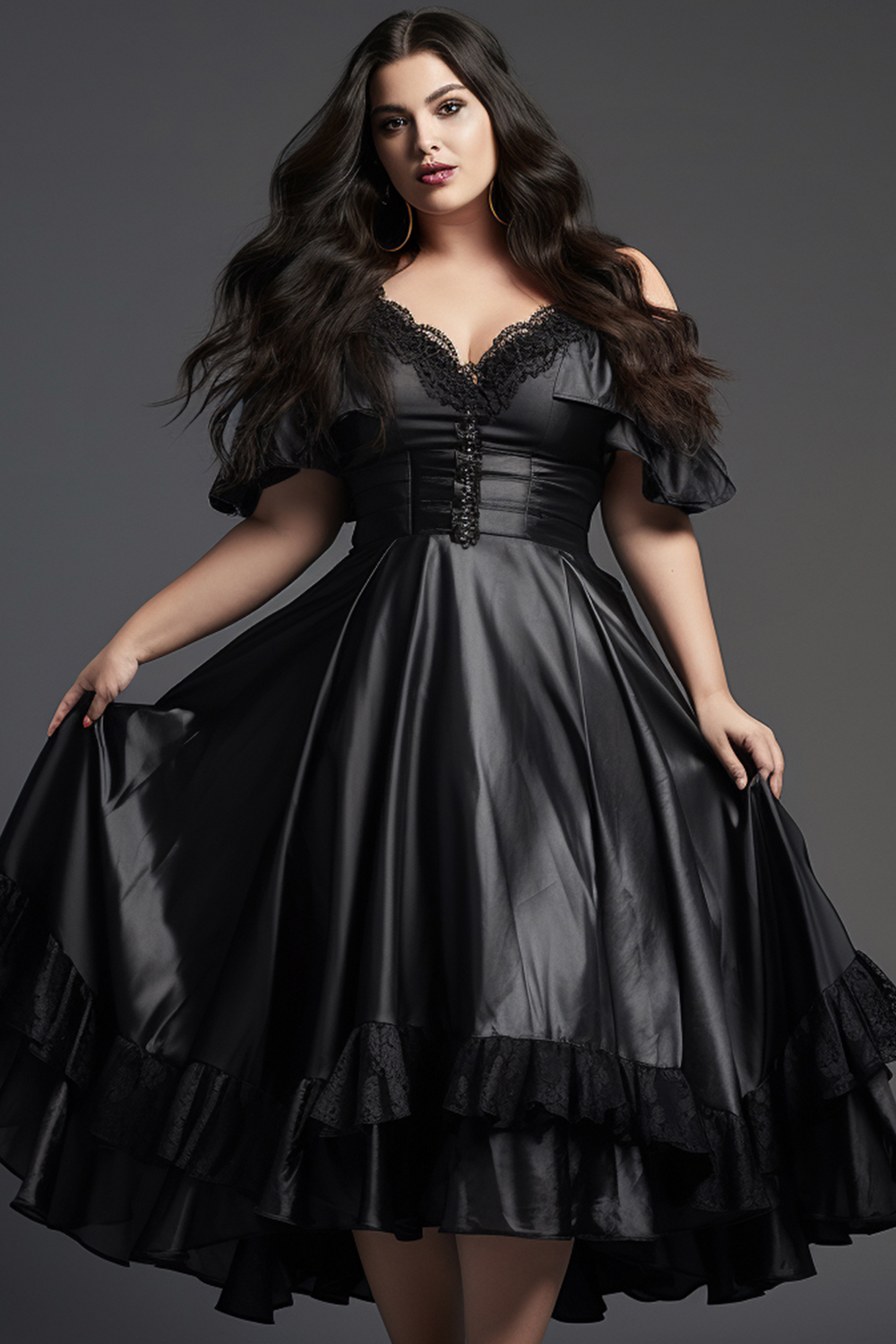 Flycurvy Plus Size Goth Black Satin Off The Shoulder Lace Trim Tiered Tea-Length Dress