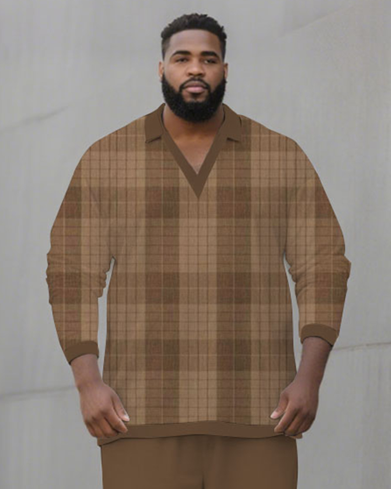 Big & Tall Men's Brown Plaid Print POLO V-Neck Long Sleeve Pants Two-Piece Set