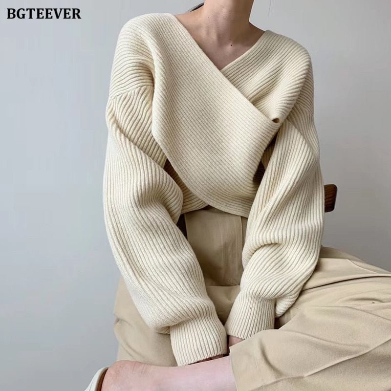 BGTEEVER Fashion V-neck Cross Women's Sweater Jumpers Streetwear Loose Knitwear Autumn Winter Solid Female Knitted Pullovers
