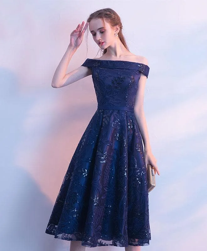 Dark Blue Lace Sequins Short Prom Dress