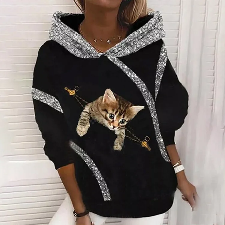 Wearshes Cat Printed Sequin Long Sleeve Hoodie