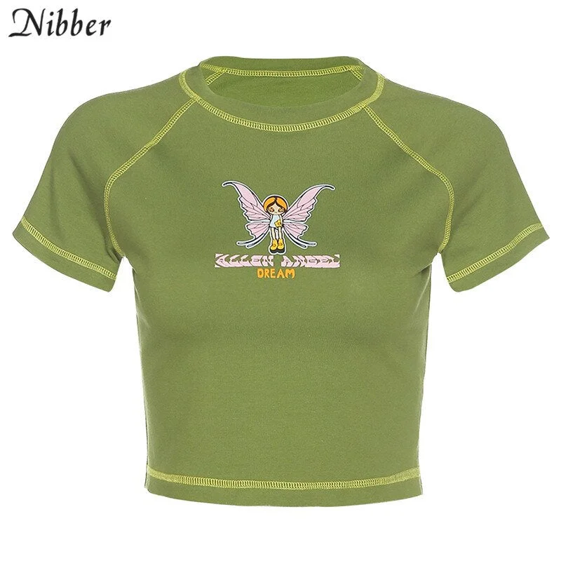 Nibber sweet cute angel graphic tees women crop tops 2020 summer street casual wear basic slim T-shirt College style tees Female