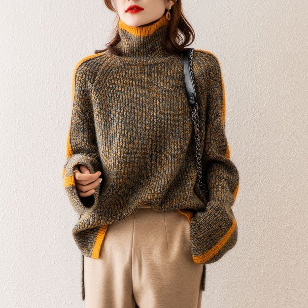 As Picture Shift Color-Block Cotton-Blend Long Sleeve Sweater