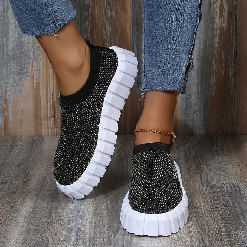 Qengg Summer Woman Shoes 2022 Rhinestone Flat Platform Shoes Women Size 43 Breathable Mesh Sports Casual Shoes Women Vulcanize Shoes