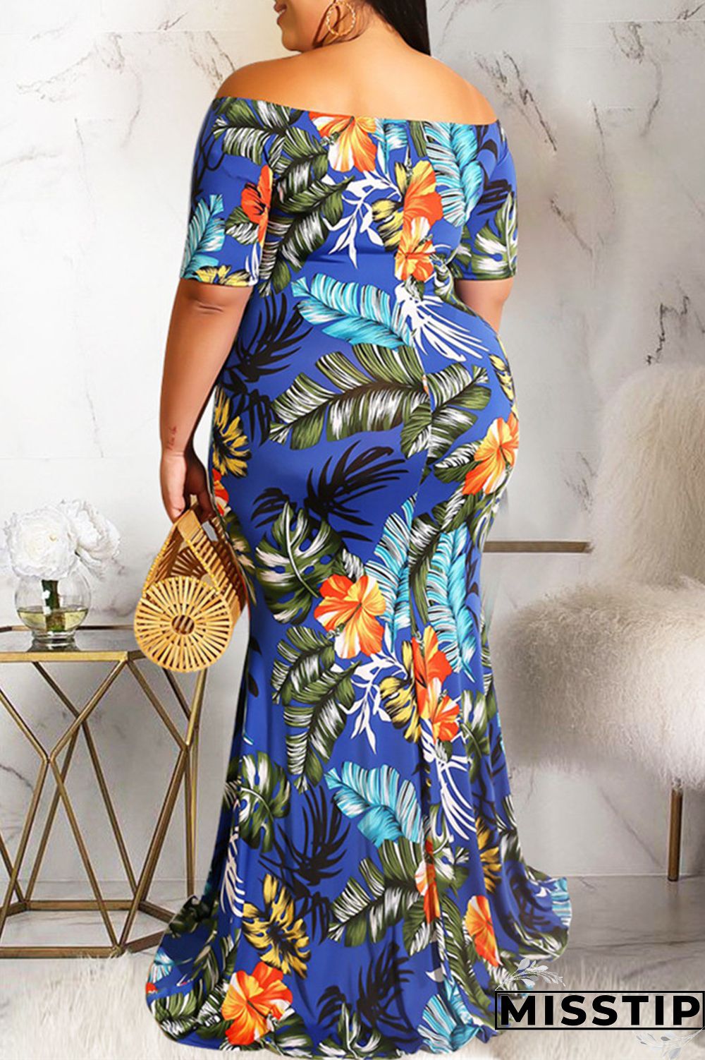 Blue Fashion Casual Plus Size Print Patchwork Off the Shoulder Long Dress