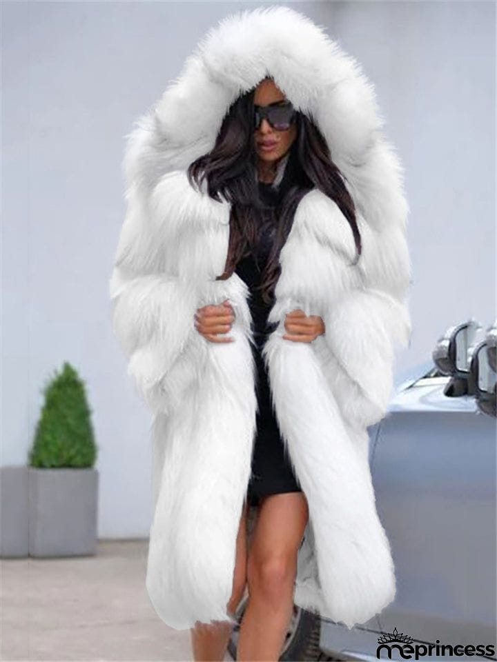 Oversized Extra Cozy Warm Fur Collar Knee-Length Hooded Chunky Outerwear