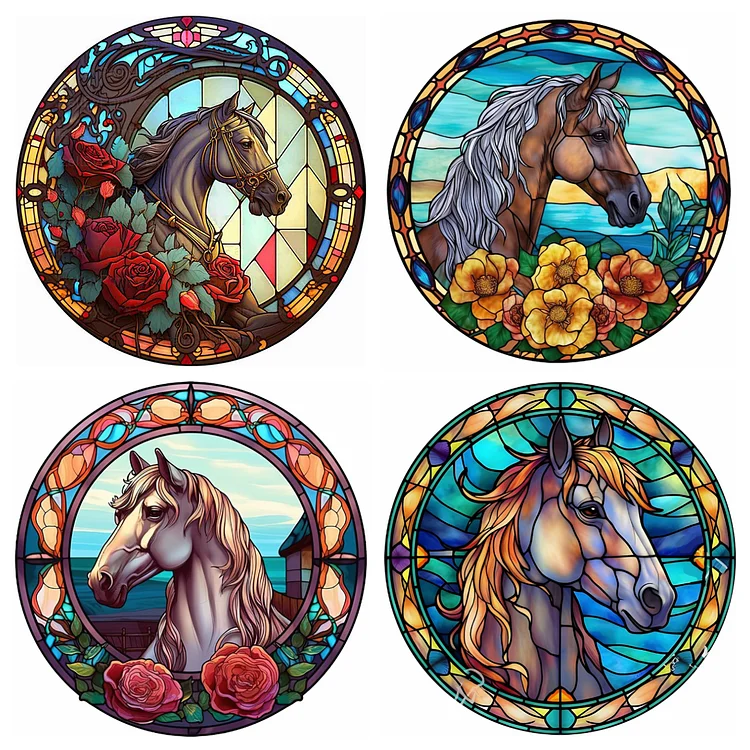 4pcs/Set Stained Glass Horse - Full Round - Diamond Painting(30*30cm)