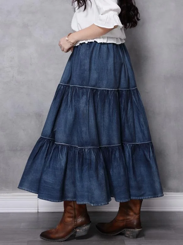 Vintage Splicing Pleated Jean Skirt