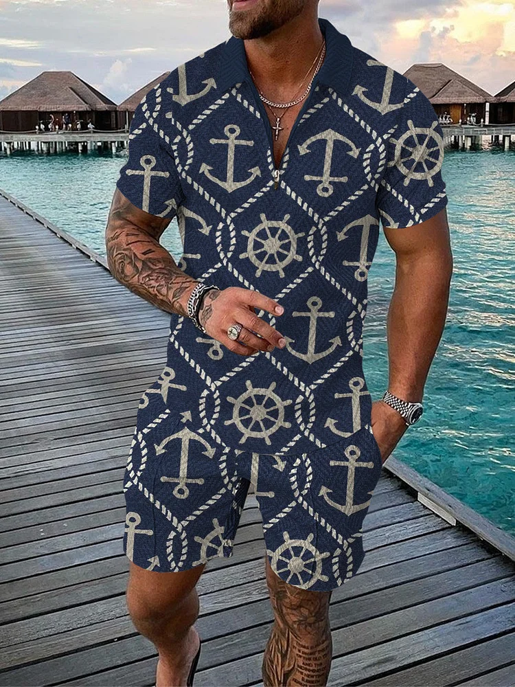 Men's Anchor Printed Zip Polo Shirt and Shorts Two-Piece Suits