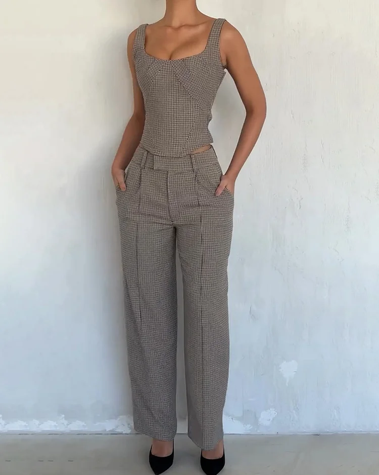 Women's Plaid Print Trousers and Vest Set