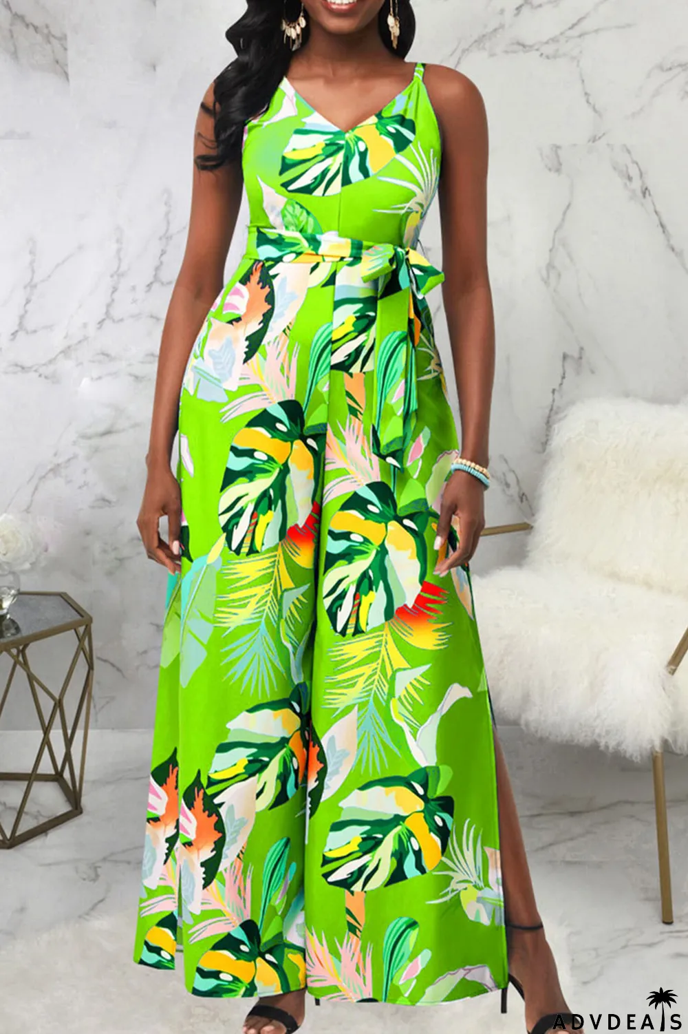 Red Casual Print Patchwork Spaghetti Strap Straight Jumpsuits