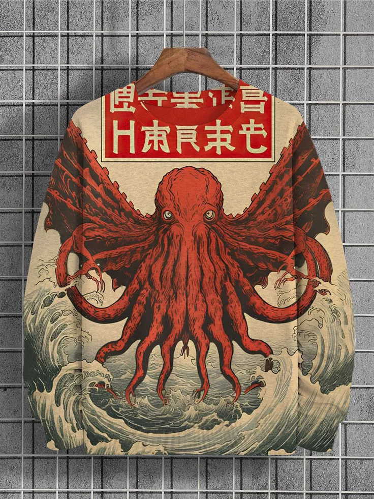 Men's Cthulhu Octopus Waves Japan Art Print Casual Sweatshirt