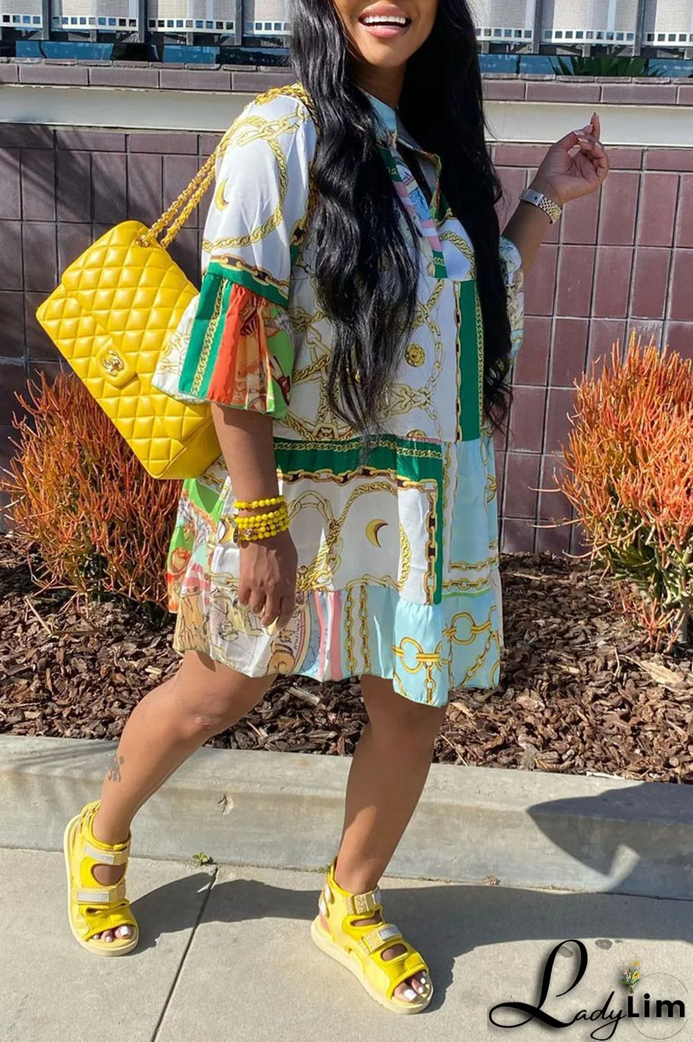 Gold Fashion Casual Print Patchwork V Neck A Line Dresses