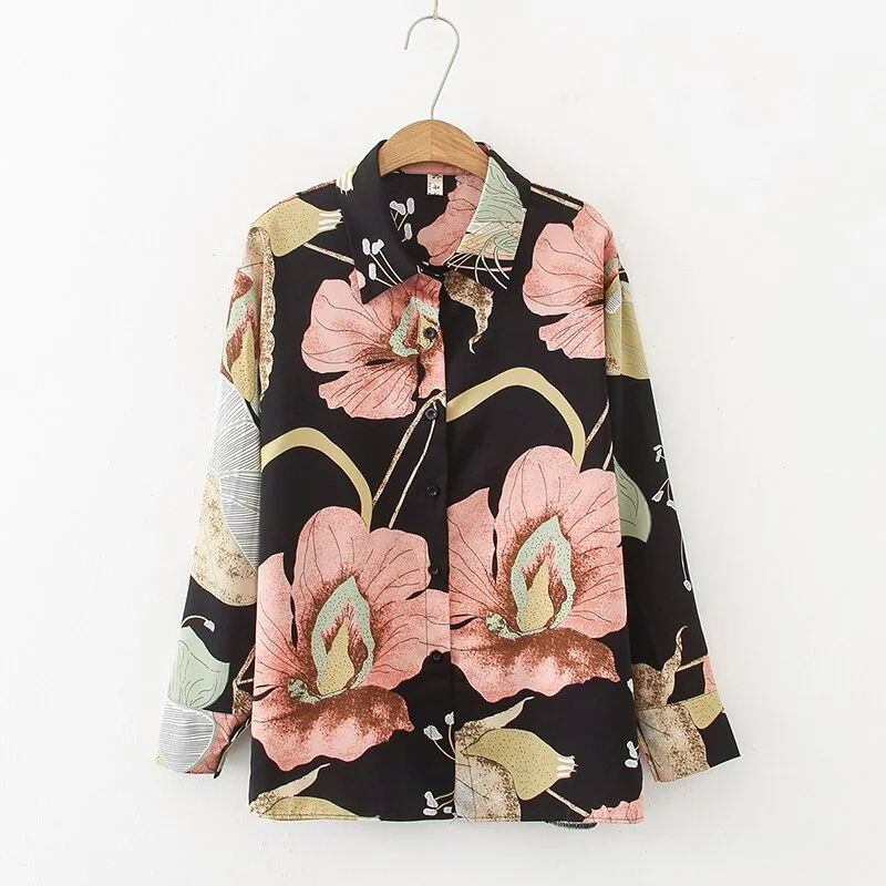 Fall New Women Vintage Floral Print Black Shirt Long Sleeve Button Up Chiffon Blouse Summer Casual Tops Feminina Blusa T07505F