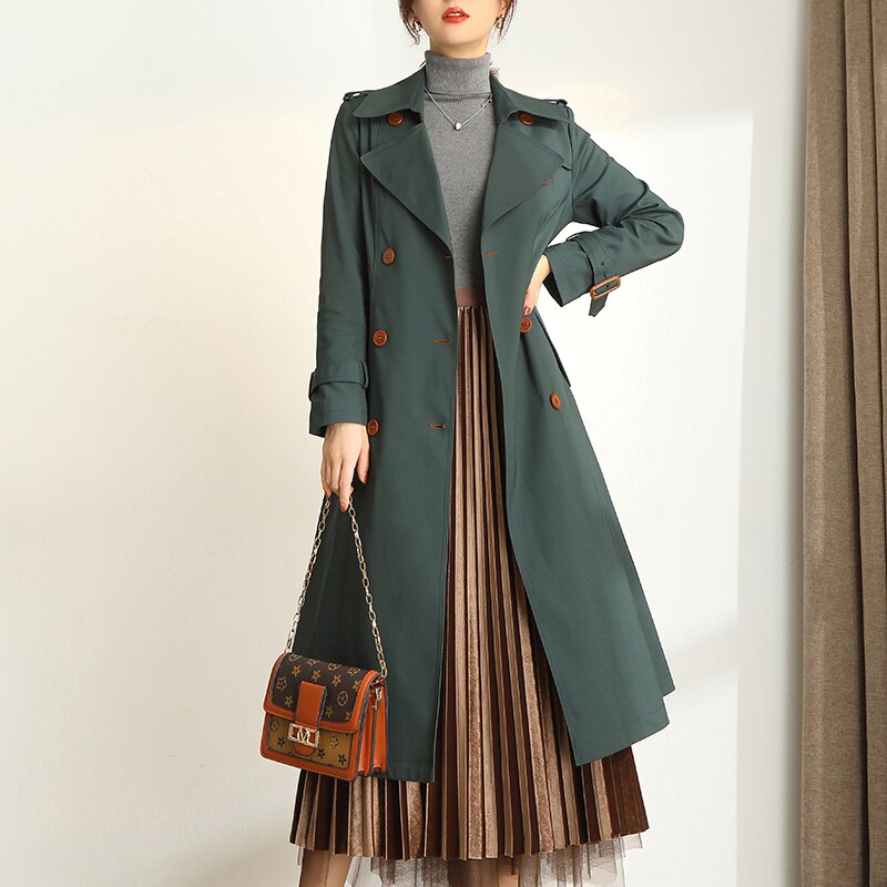 Dark Green Windbreaker Womens Long Spring and Autumn New British Style Temperament Drape