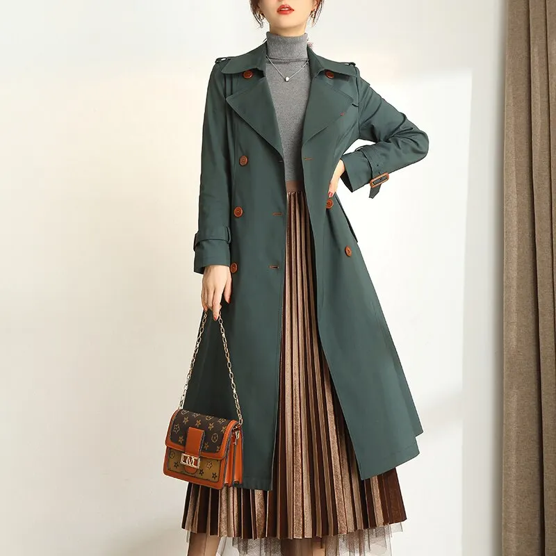 Dark Green Windbreaker Womens Long Spring and Autumn New British Style Temperament Drape