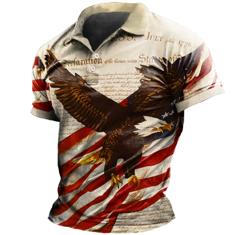 Men's Casual Polo Collar Eagle Print Short Sleeve T-shirt