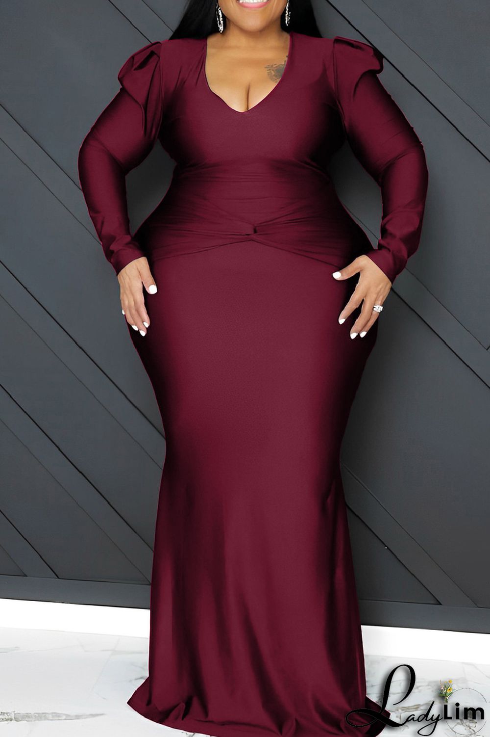 Orange Casual Solid Patchwork V Neck Long Sleeve Plus Size Dresses