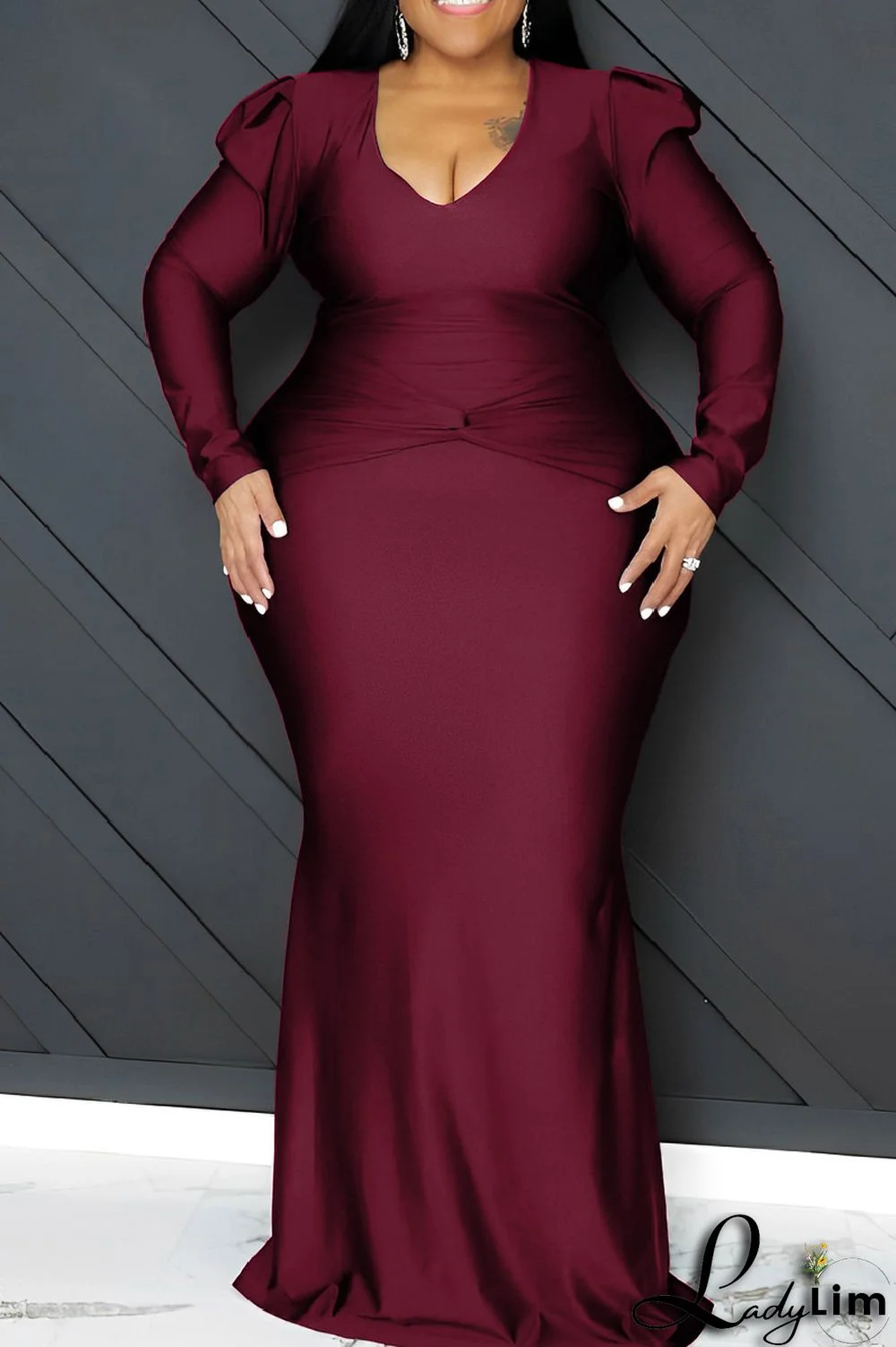 Orange Casual Solid Patchwork V Neck Long Sleeve Plus Size Dresses