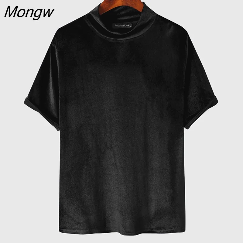 Mongw Men Casual T Shirt Velour Turtleneck Short Sleeve Solid Color Camisetas 2023 Fashion Streetwear Cozy Men Clothing S-5XL