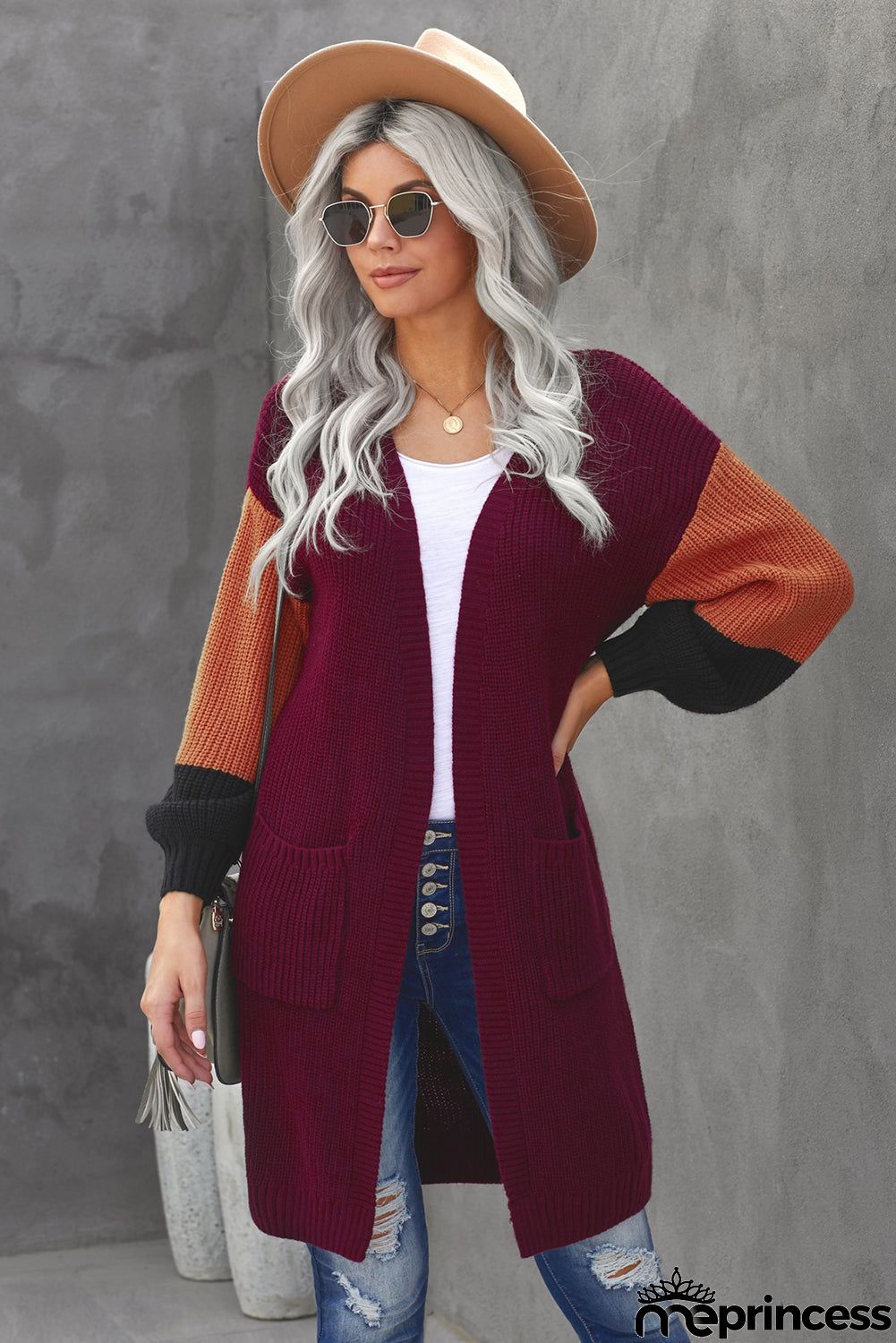 Women's Red Cotton-blend Pocketed Colorblock Cardigan