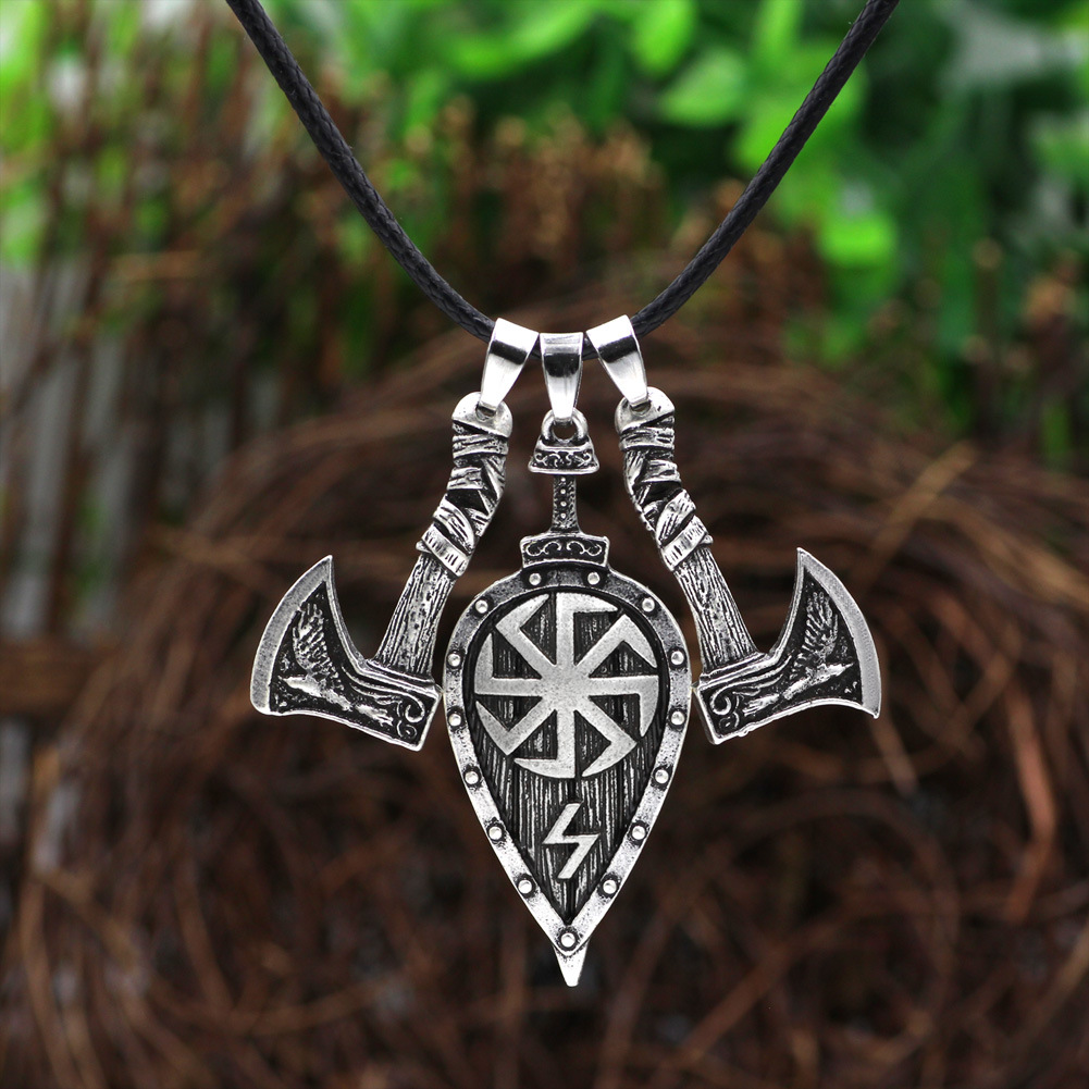 Nordic Viking Double Axe Leaf Retro Pendant Necklace
