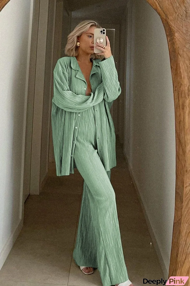 Pleated Shirt Wide Leg Pants Set