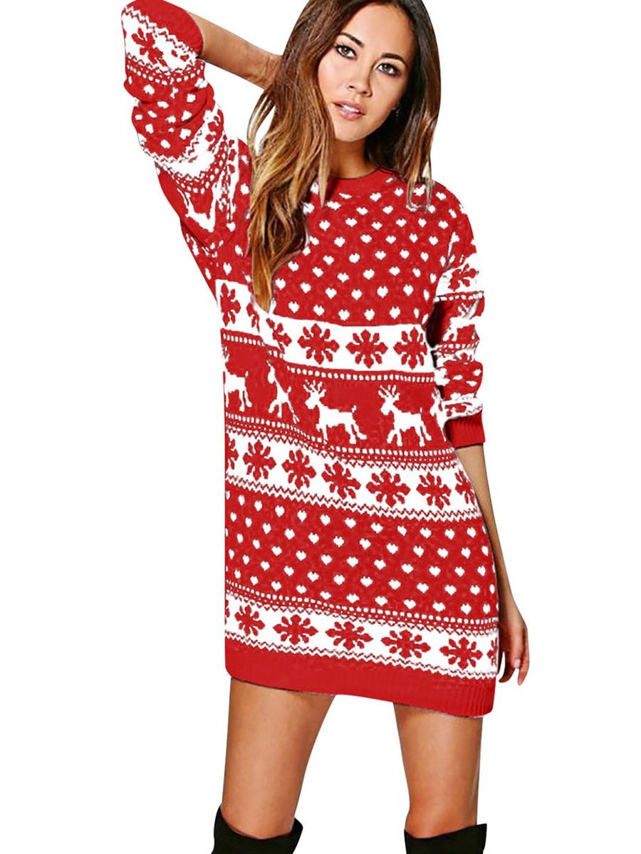 Christmas Sweater Dress Elk Print Round Neck Long Sleeve Mini Dresses
