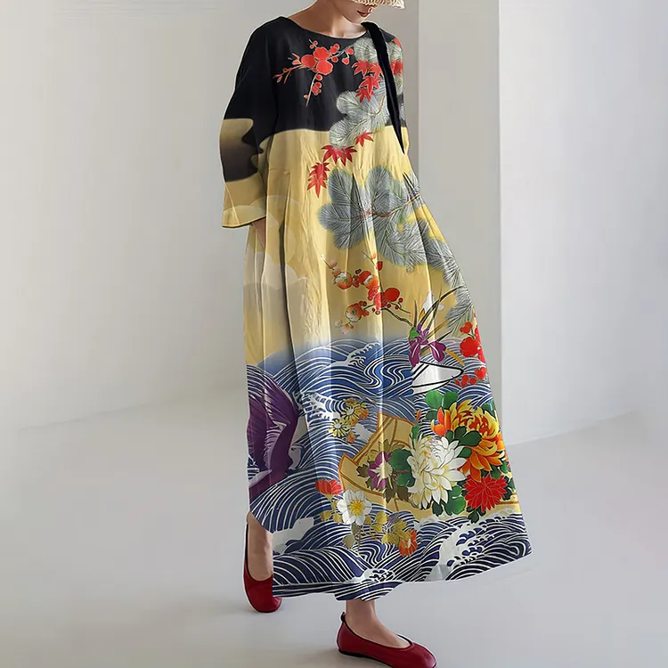 Women's Vintage Japanese Floral Art Print Midi Dress