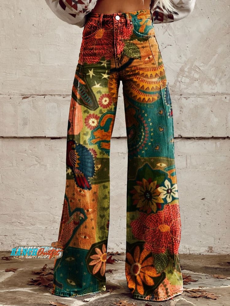 Women’s Vintage Print Casual Wide Leg Pants Multicolor / S