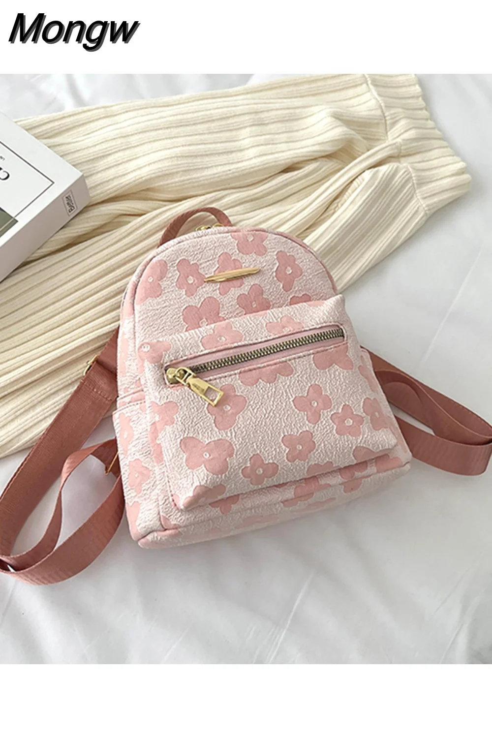 Mongw Flower Printing Fashion Backpacks Solid Color Small School Bags for Teenager Girls Canvas Female Shoulder Bags Rucksack