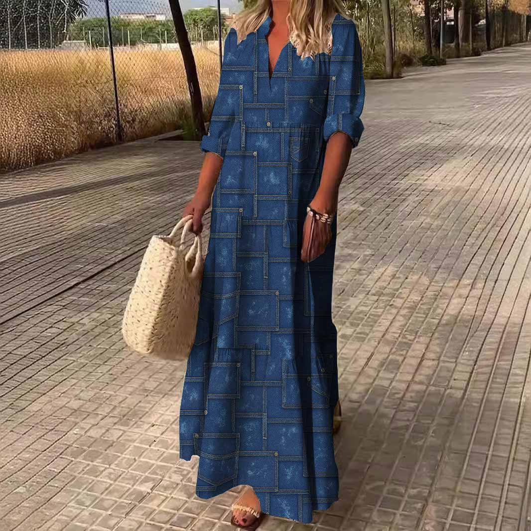 Women Patchwork,  Checkered,  Blue DZDN0424 SPU Printed Long Sleeve V-neck Maxi Dress