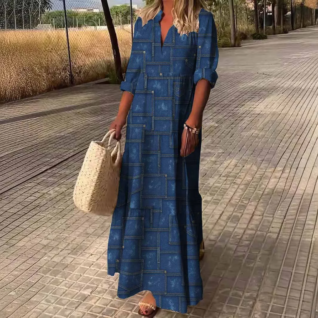 Women Patchwork,  Checkered,  Blue DZDN0424 SPU Printed Long Sleeve V-neck Maxi Dress