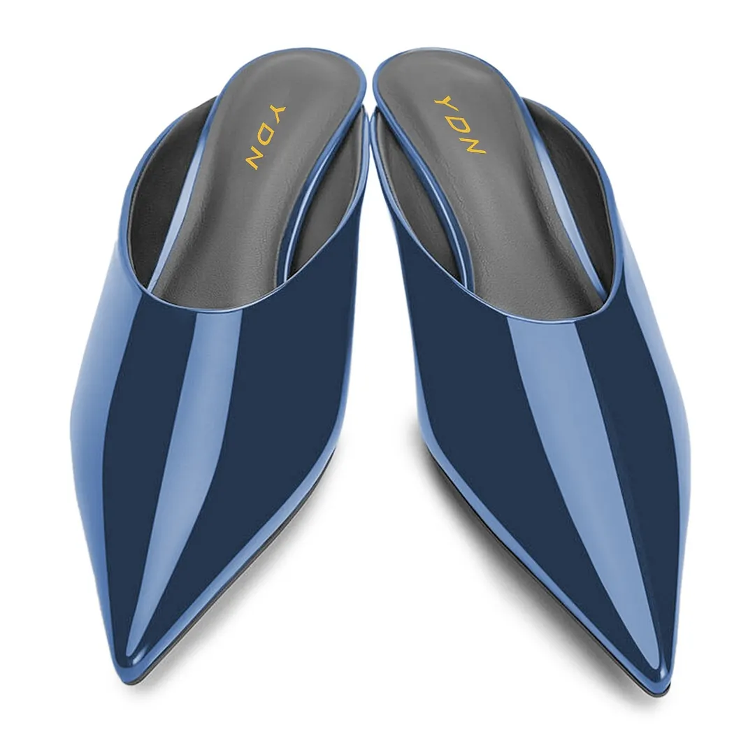 Women's Blue Patent Leather Slip-On Wedge Heel Pointy Toe Mules