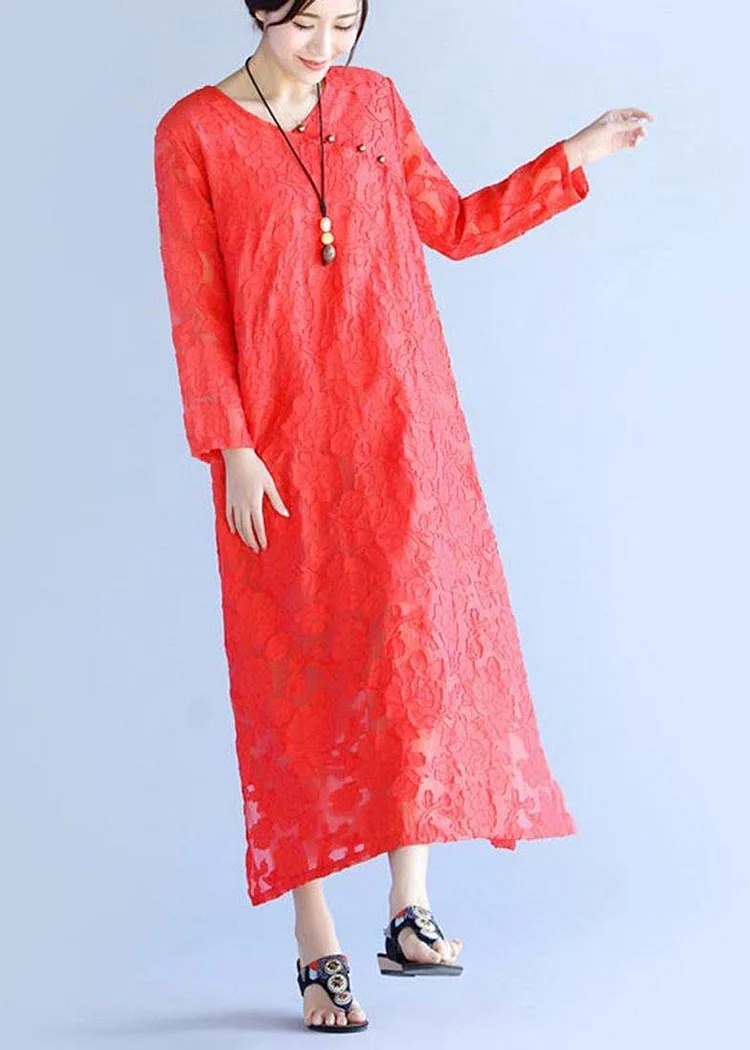 Loose Red Cut Flowers Long O Neck Maxi Spring Dress
