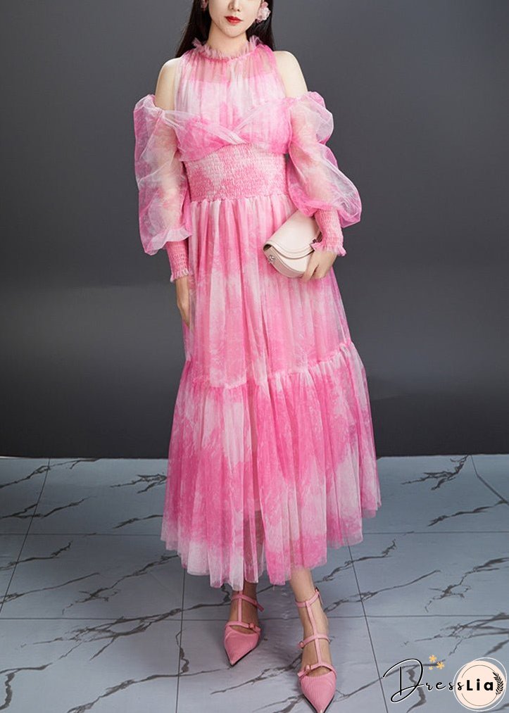 Stylish Pink Ruffled Print Elastic Waist Tulle Long Dresses Fall
