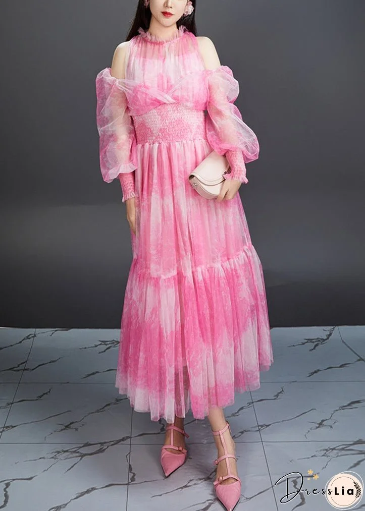 Stylish Pink Ruffled Print Elastic Waist Tulle Long Dresses Fall