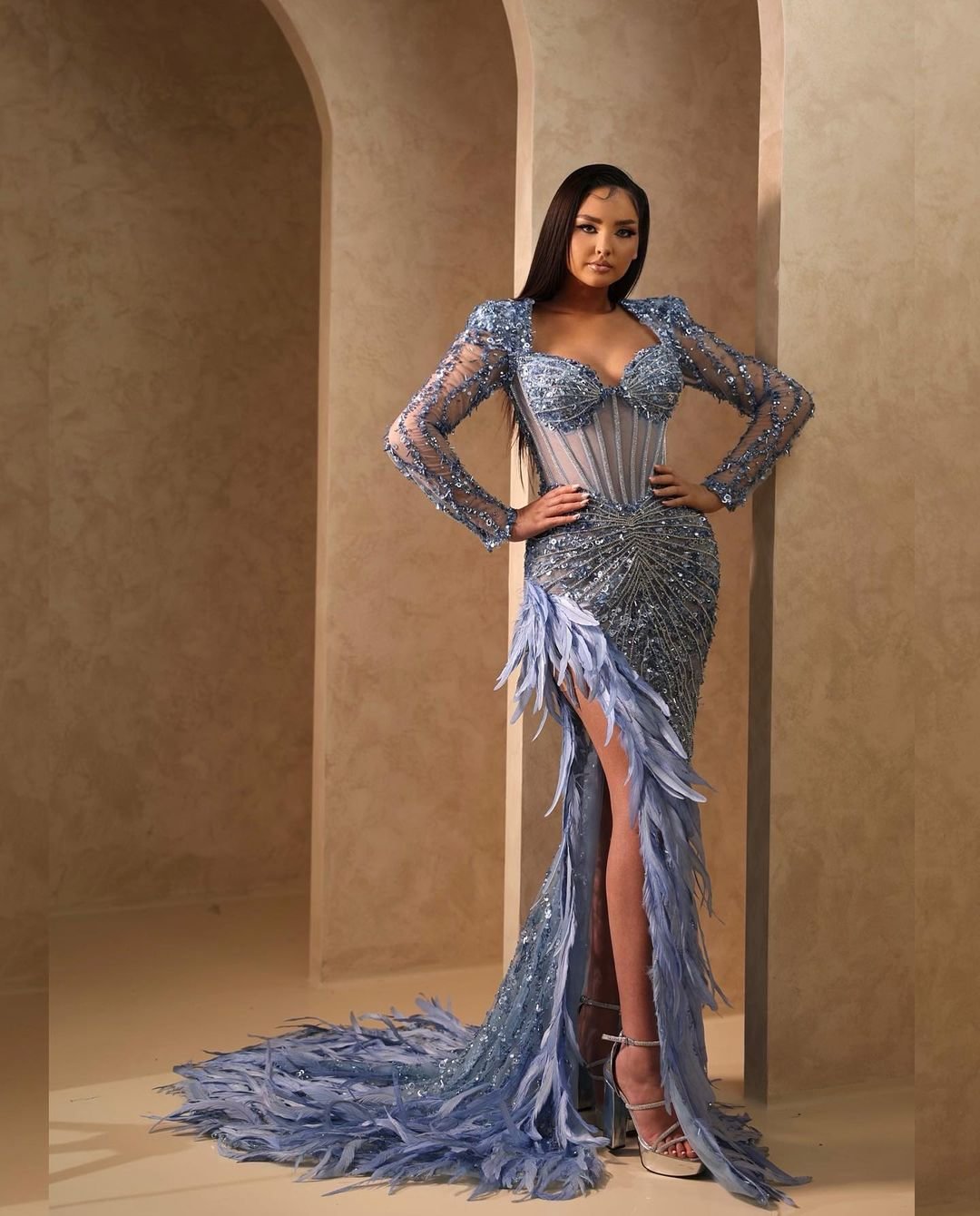 Daisda Sequins Blue Long Sleeve Split Feather Prom Gown Dress