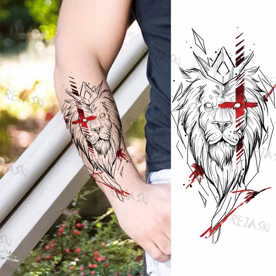 Sdrawing Big Lion Crown Temporary Tattoos For Men Women Tiger Flower Cross Skull Realistic Fake Tattoo Body Art Tatoo Sticker