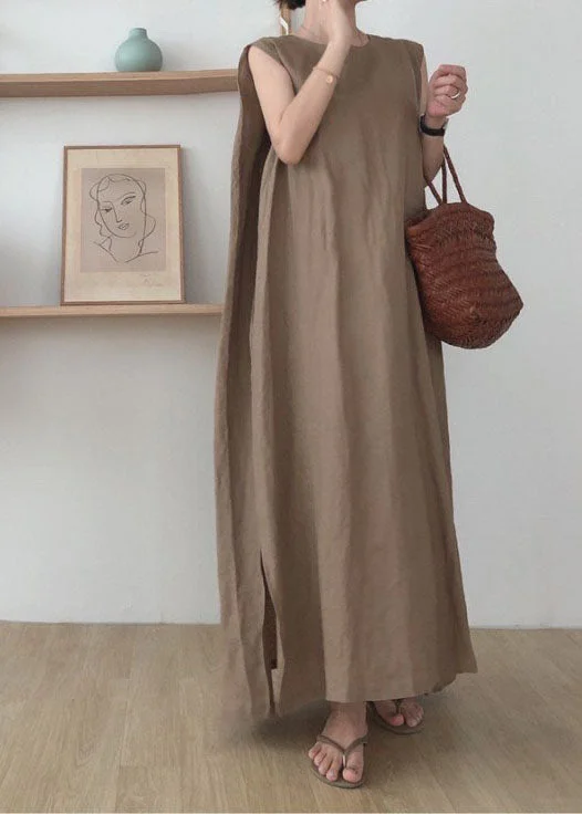 Camel Side Open Cotton Maxi Dresses O Neck Sleeveless